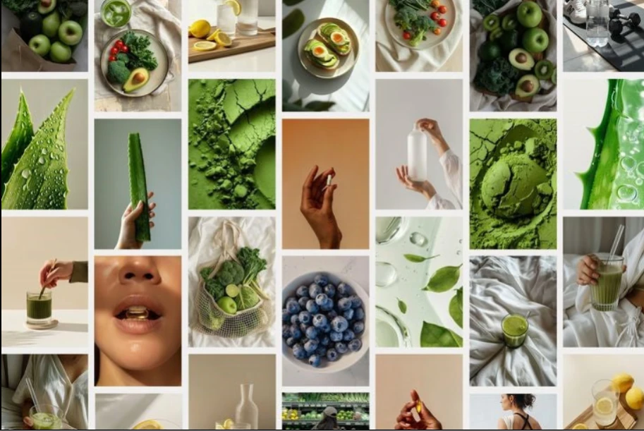 Mosaico de alimentos naturales y suplementos Natursory